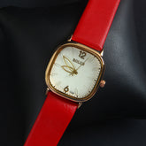 Red Leather Strap Rosegold Dial Women Wrist Watch